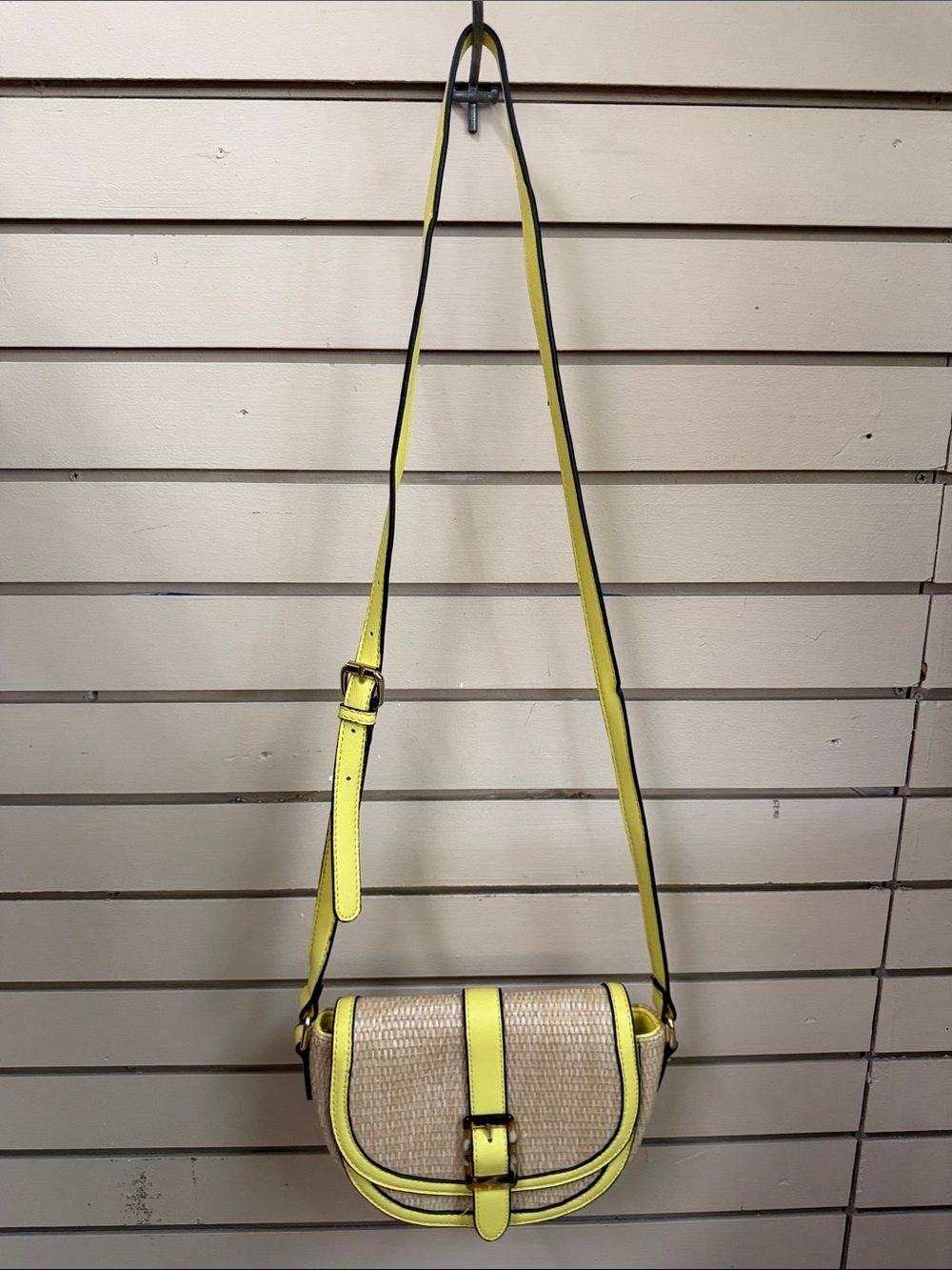 Neutral Woven Crossbody Bag with Yellow Trim and Adjustable Strap